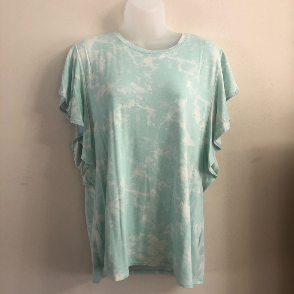 APT 9 - Short Sleeve Top - Ruffle Flowy Sleeves - Size XL - Mint Aqua White